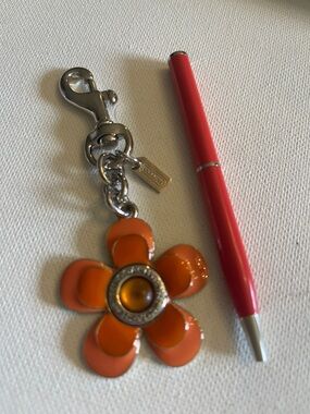 Coach Orange Enamel Flower Keychain Charm and Coach Pen